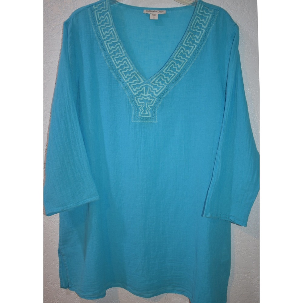 Coldwater Creek L/14 Top Gauzy Linen Cotton Embroidered V-Neck Tunic Turquoise